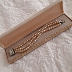 Vintage 3-Strand Faux Pearl Bracelet Rhinestone Clasp